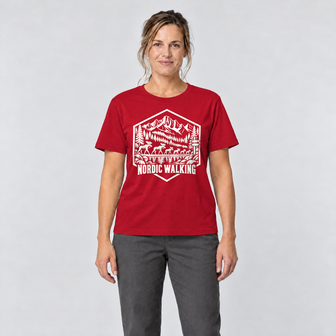 Frau trägt Nordic Walking – T-Shirt Unisex in Rot, Ansicht von vorn