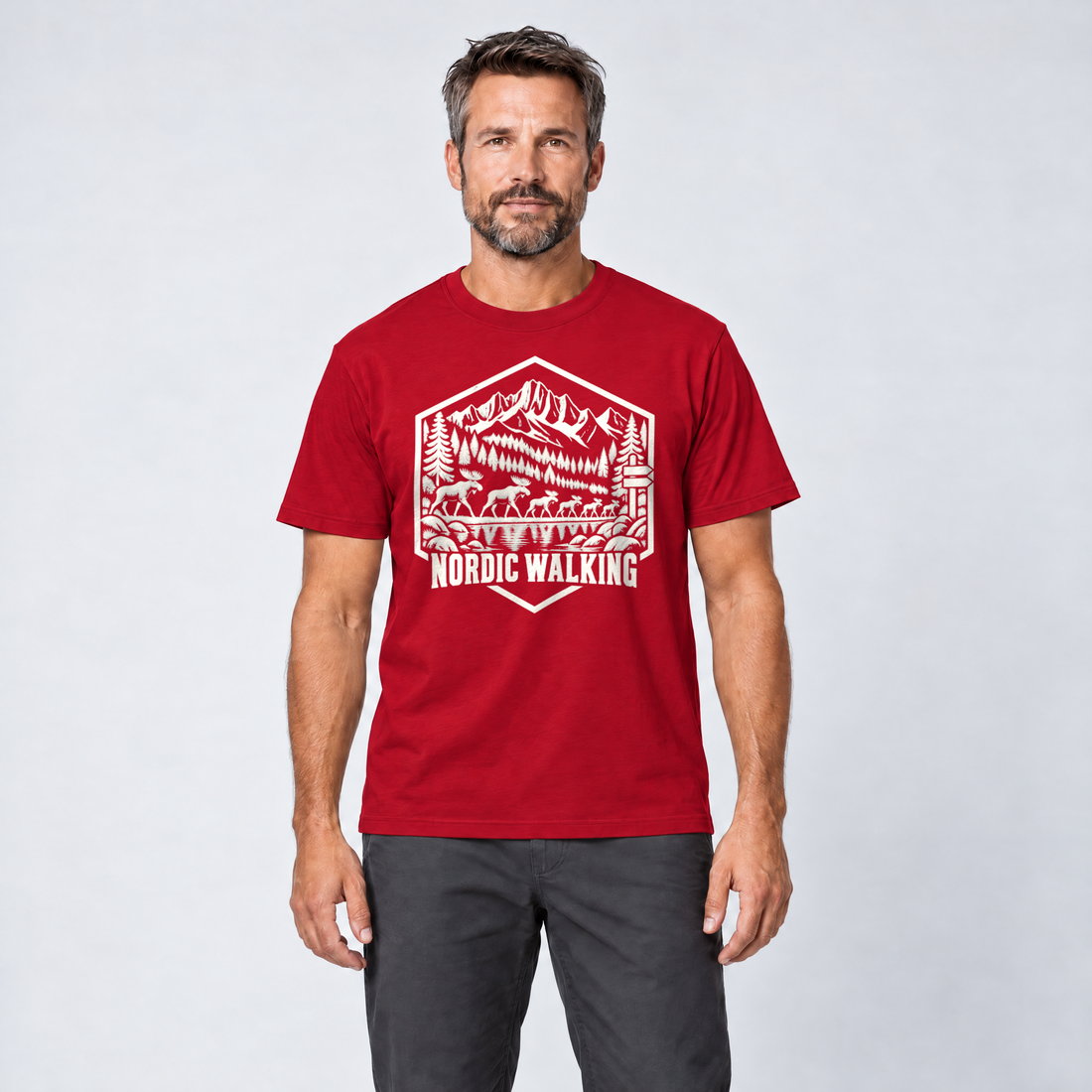 Mann trägt Nordic Walking – T-Shirt Unisex in Rot, Ansicht von vorn