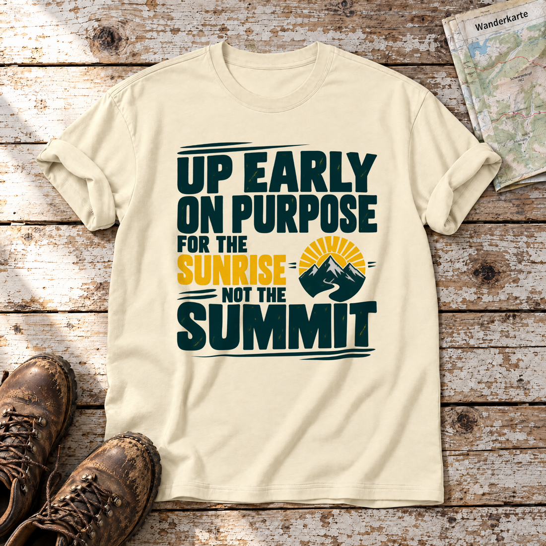 For the Sunrise, Not the Summit – T-Shirt Unisex in Natur, flach liegend auf alten Holzbrettern mit Wanderschuhen und Wanderkarte.