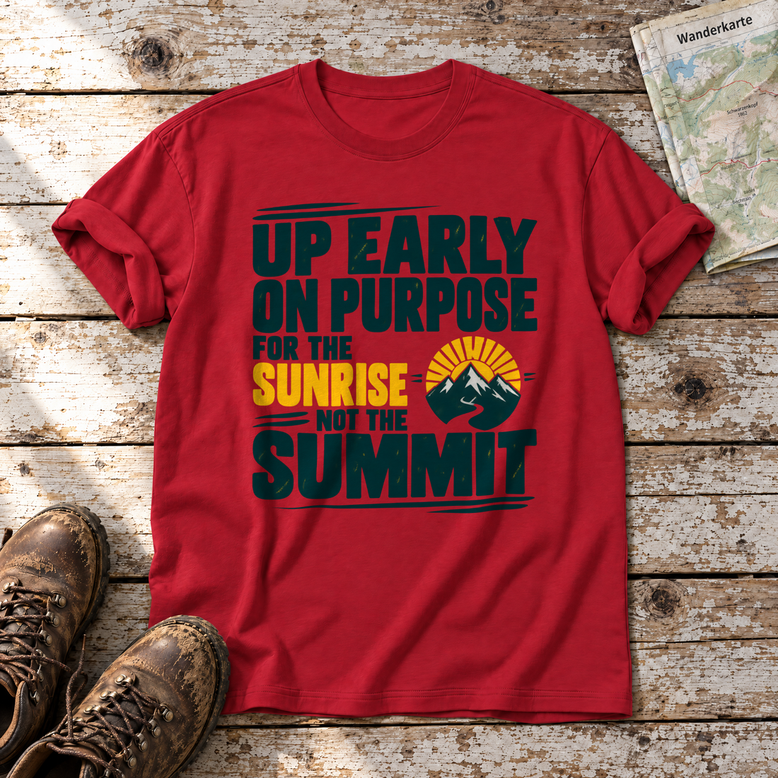 For the Sunrise, Not the Summit – T-Shirt Unisex in Rot, flach liegend auf alten Holzbrettern mit Wanderschuhen und Wanderkarte.