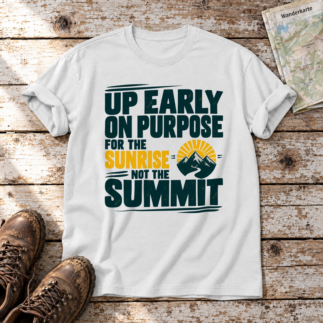 For the Sunrise, Not the Summit – T-Shirt Unisex in Weiß, flach liegend auf alten Holzbrettern mit Wanderschuhen und Wanderkarte.