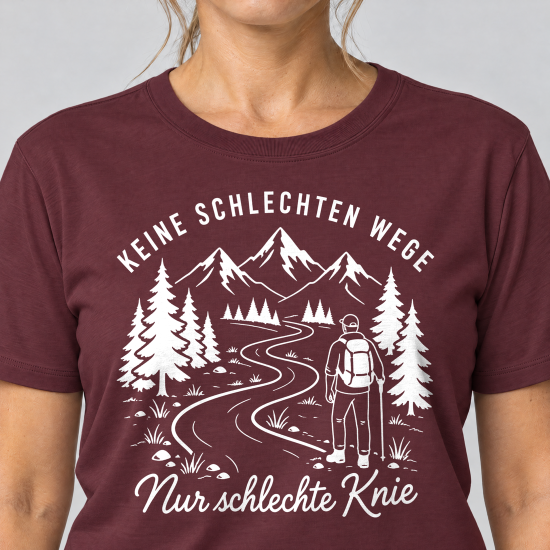 Nahaufnahme des Drucks: Nur schlechte Knie – T-Shirt Unisex in Bordeaux, von einer Frau getragen