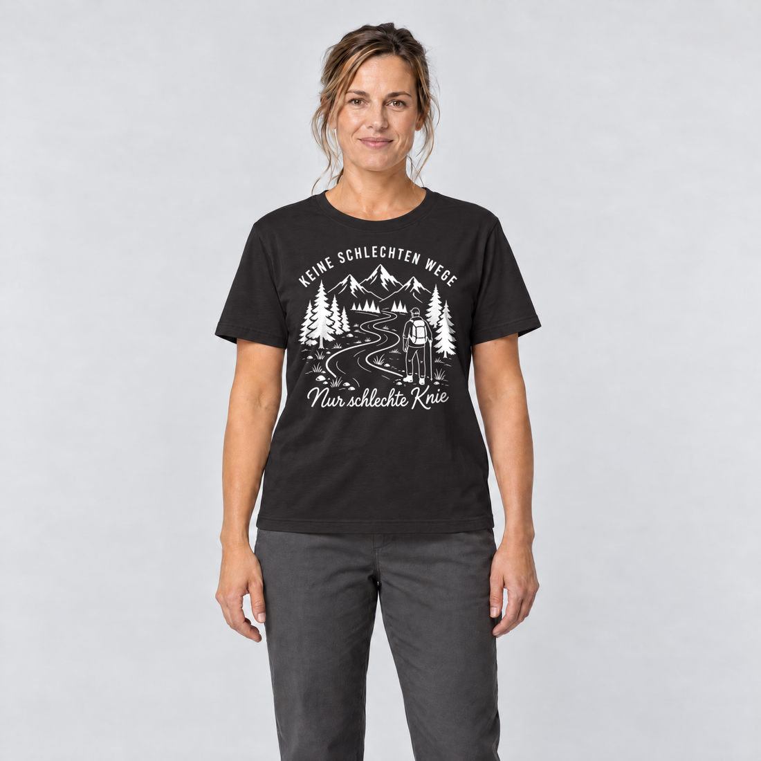Frau trägt Nur schlechte Knie – T-Shirt Unisex in Schwarz, Ansicht von vorn