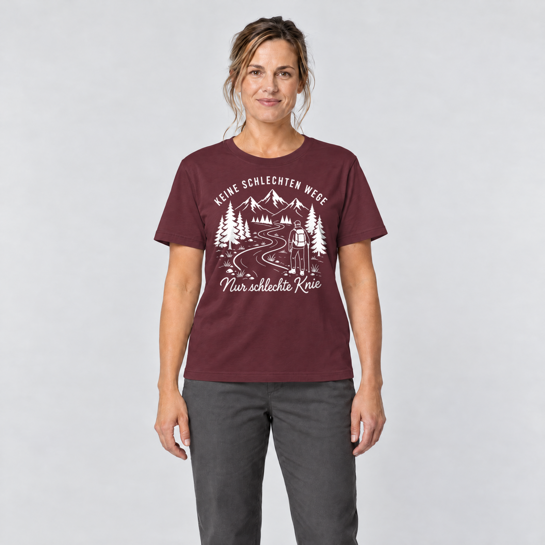 Frau trägt Nur schlechte Knie – T-Shirt Unisex in Bordeaux, Ansicht von vorn