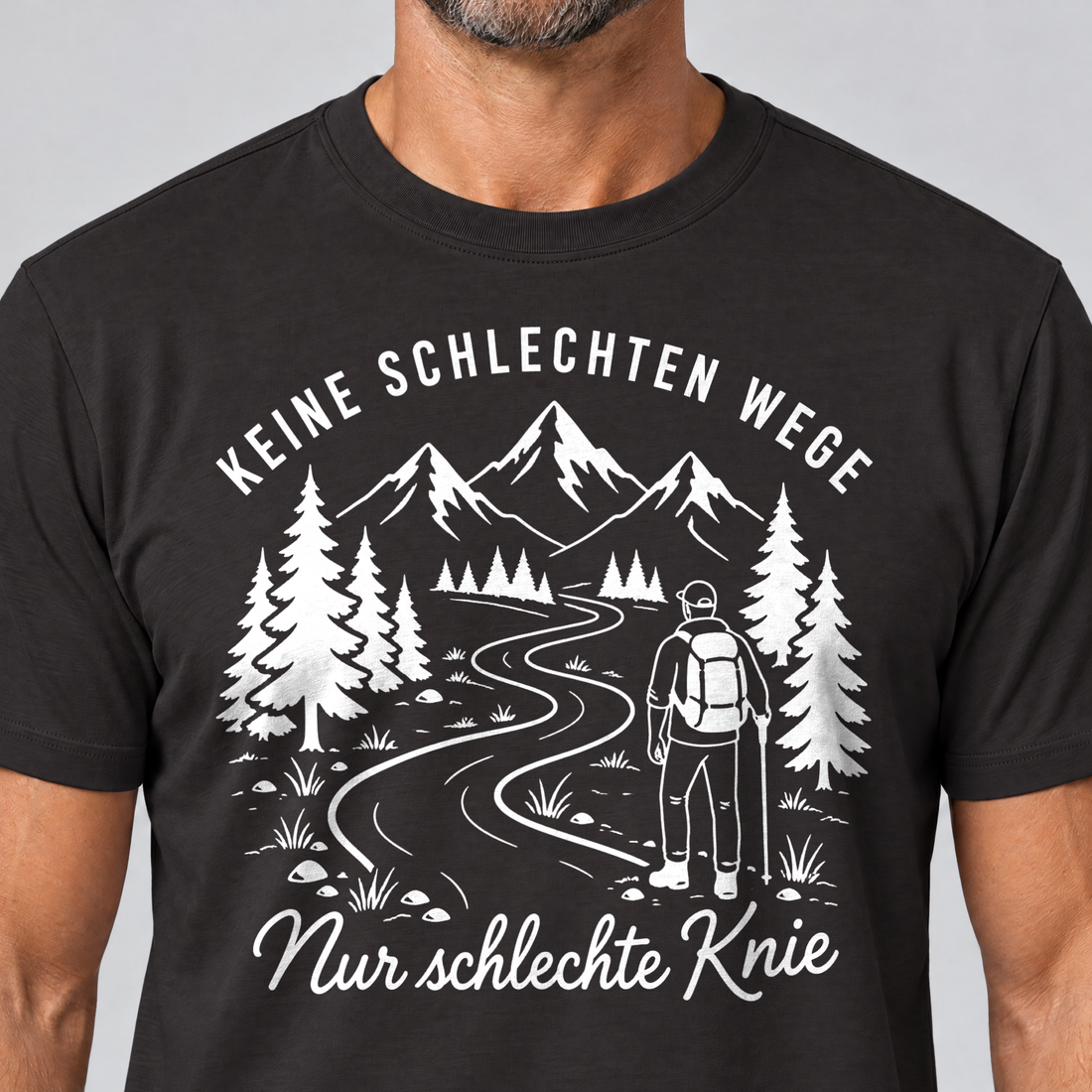 Nahaufnahme des Drucks: Nur schlechte Knie – T-Shirt Unisex in Schwarz, von einem Mann getragen