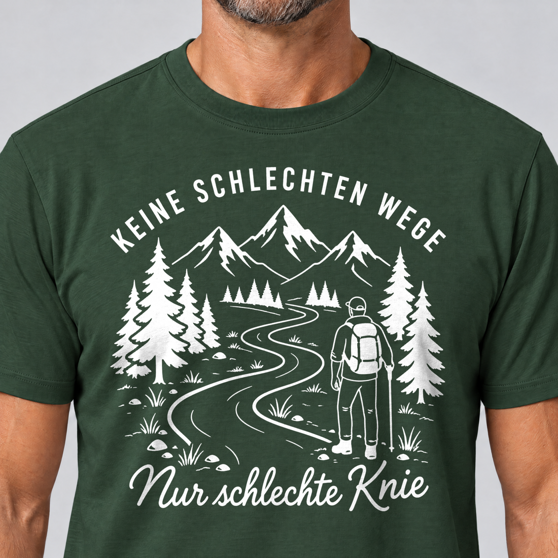 Nahaufnahme des Drucks: Nur schlechte Knie – T-Shirt Unisex in Flaschengrün, von einem Mann getragen