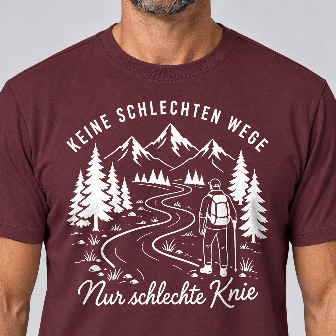 Nahaufnahme des Drucks: Nur schlechte Knie – T-Shirt Unisex in Bordeaux, von einem Mann getragen