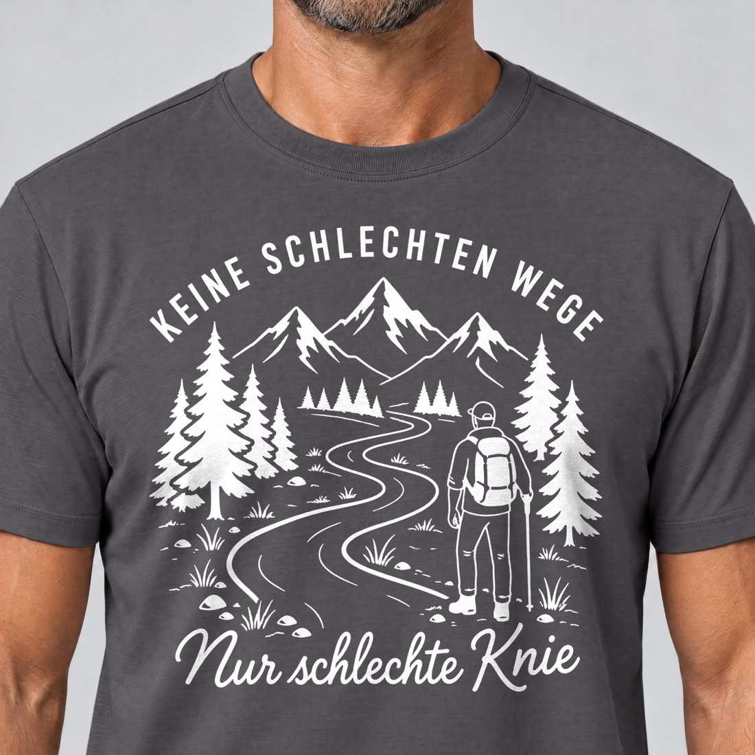Nahaufnahme des Drucks: Nur schlechte Knie – T-Shirt Unisex in Dunkelgrau, von einem Mann getragen