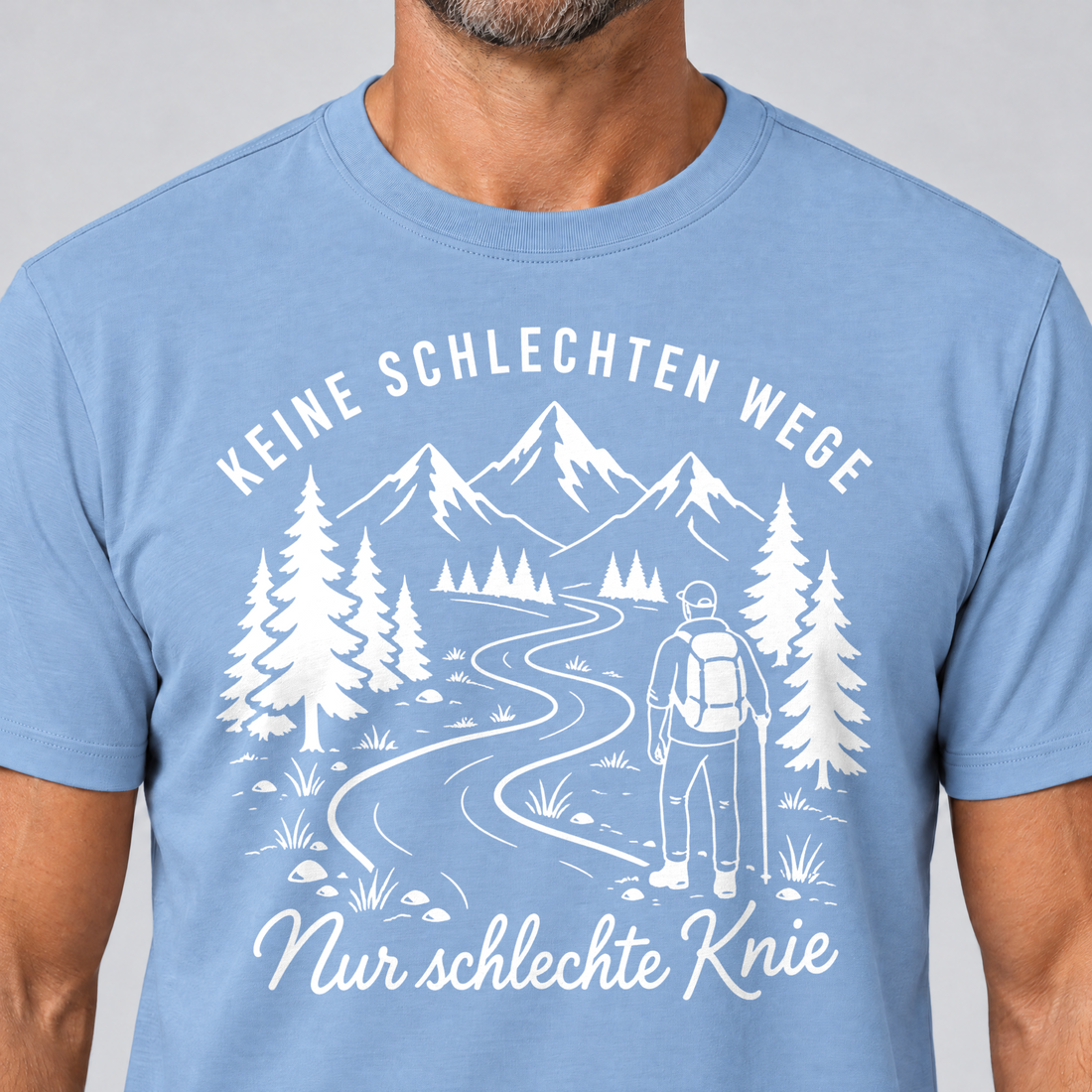 Nahaufnahme des Drucks: Nur schlechte Knie – T-Shirt Unisex in Himmelblau, von einem Mann getragen