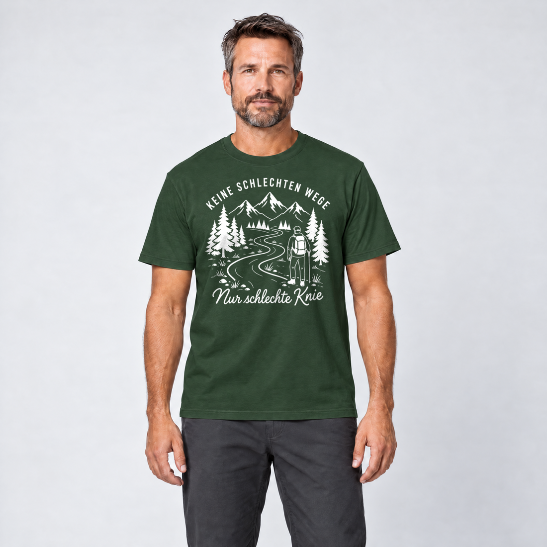 Mann trägt Nur schlechte Knie – T-Shirt Unisex in Flaschengrün, Ansicht von vorn