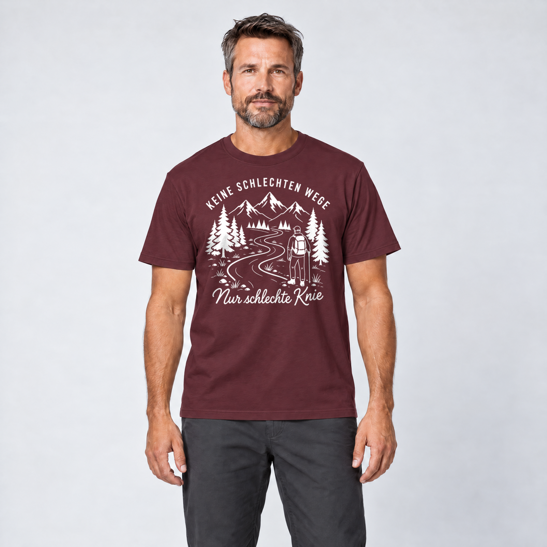 Mann trägt Nur schlechte Knie – T-Shirt Unisex in Bordeaux, Ansicht von vorn
