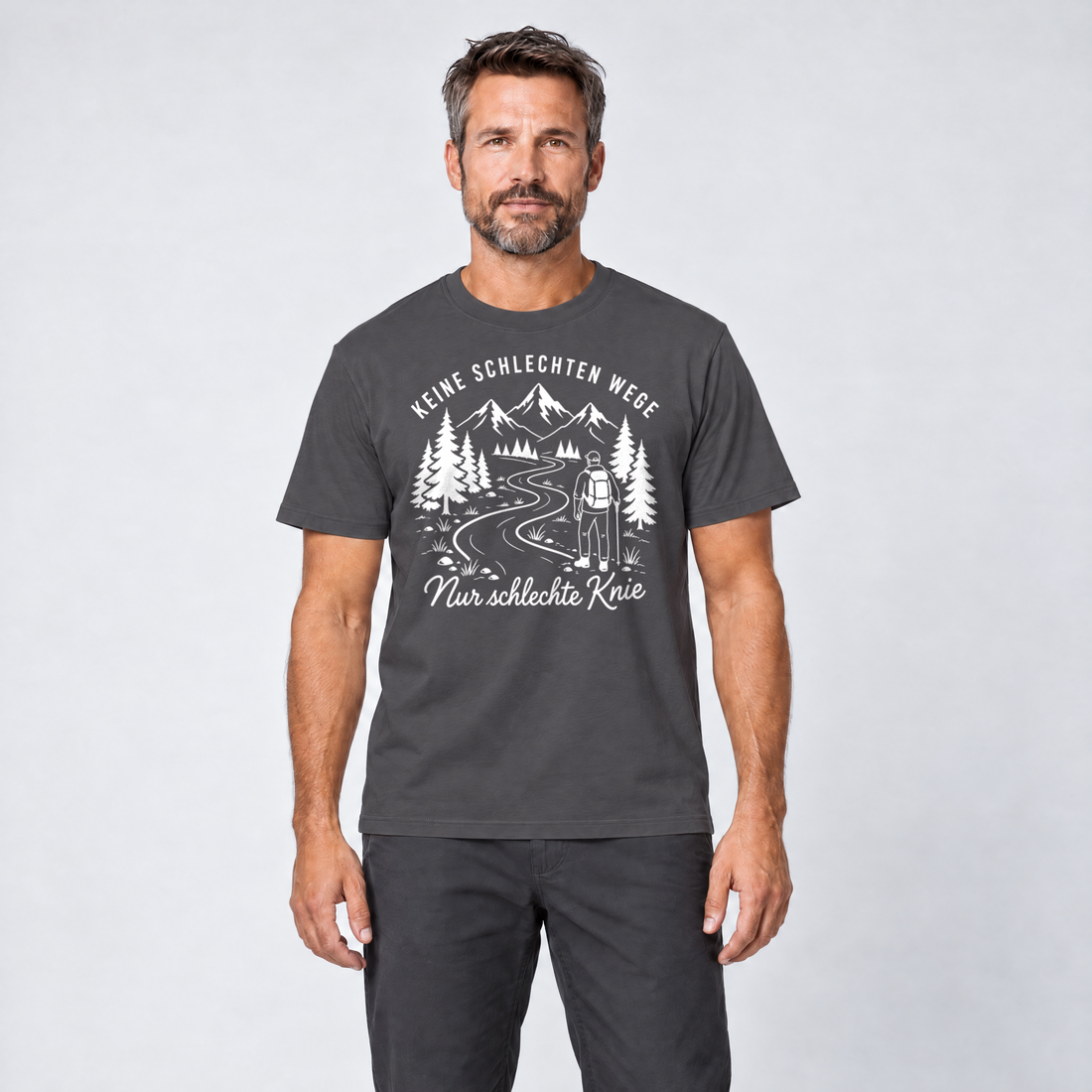 Mann trägt Nur schlechte Knie – T-Shirt Unisex in Dunkelgrau, Ansicht von vorn