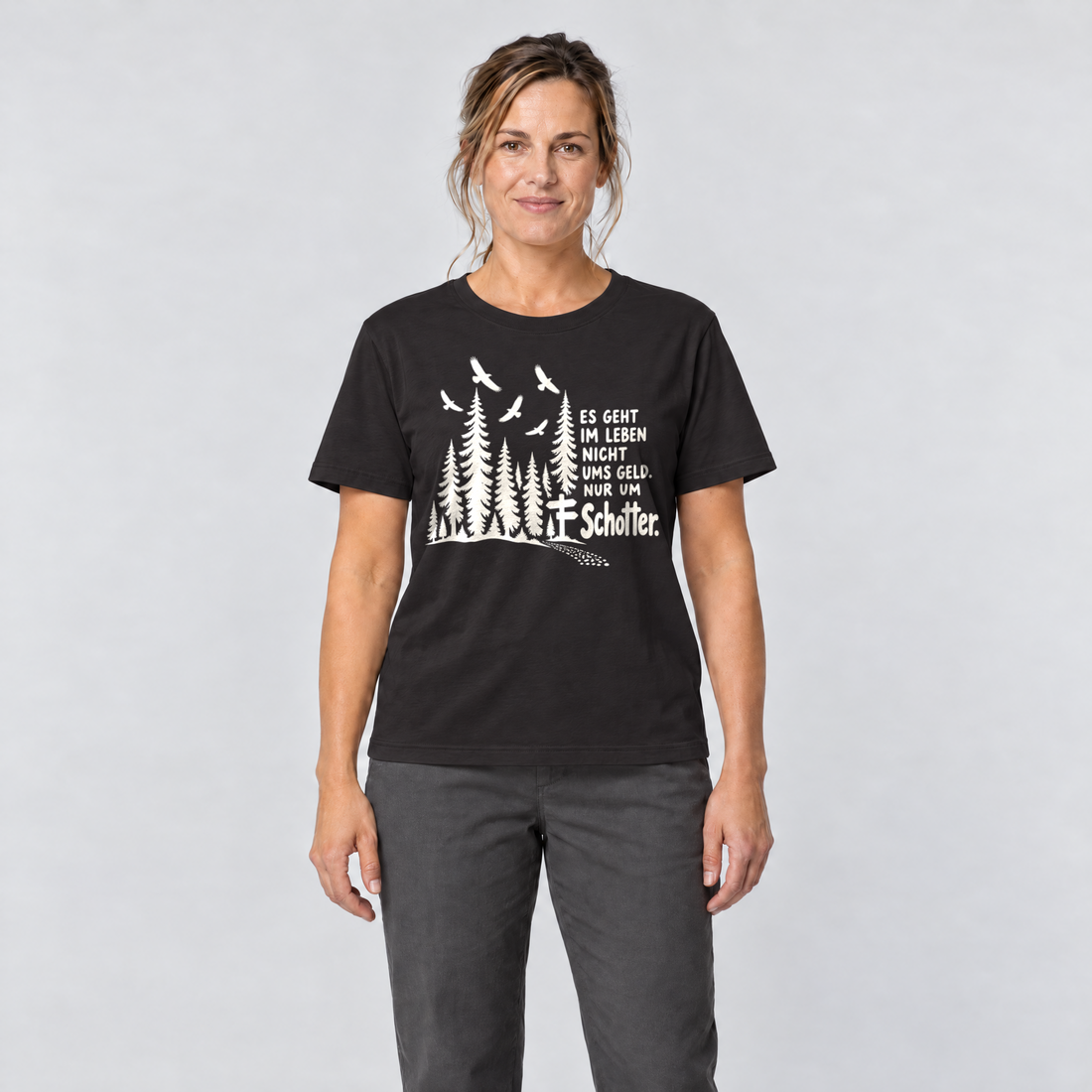 Frau trägt Nur um Schotter – T-Shirt Unisex in Schwarz, Ansicht von vorn