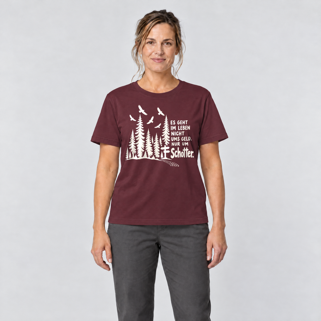 Frau trägt Nur um Schotter – T-Shirt Unisex in Bordeaux, Ansicht von vorn