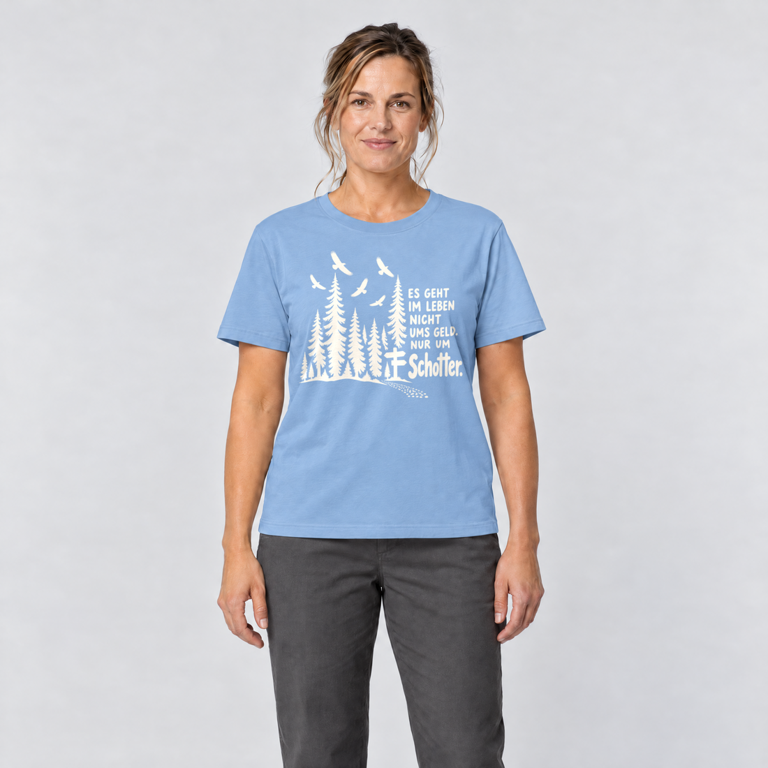 Frau trägt Nur um Schotter – T-Shirt Unisex in Himmelblau, Ansicht von vorn