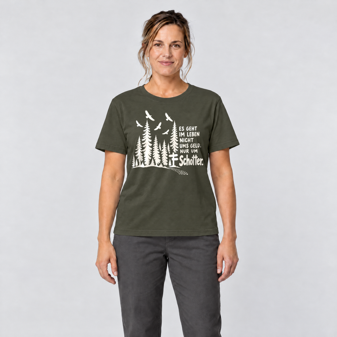Frau trägt Nur um Schotter – T-Shirt Unisex in Oliv, Ansicht von vorn