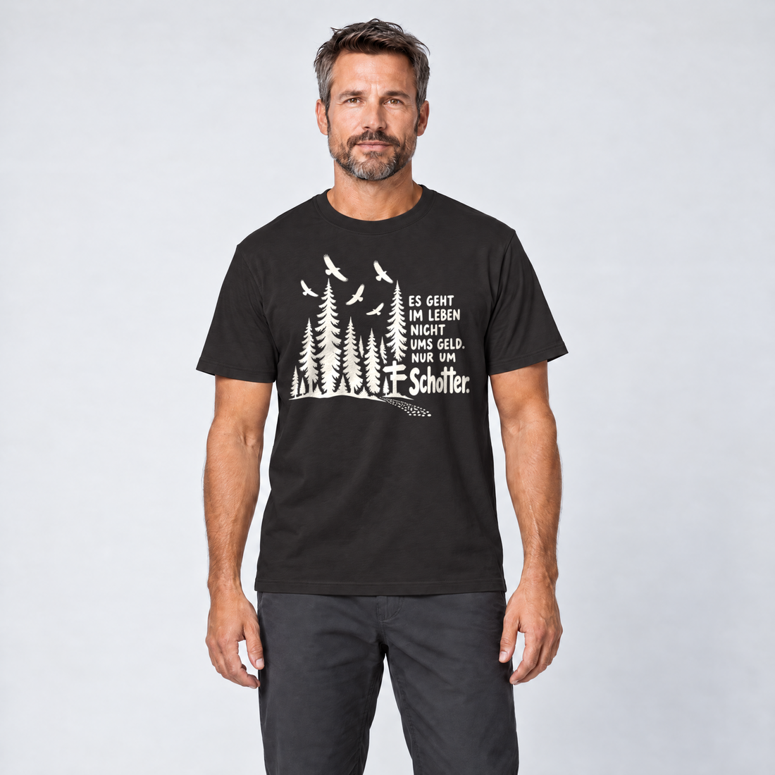 Mann trägt Nur um Schotter – T-Shirt Unisex in Schwarz, Ansicht von vorn