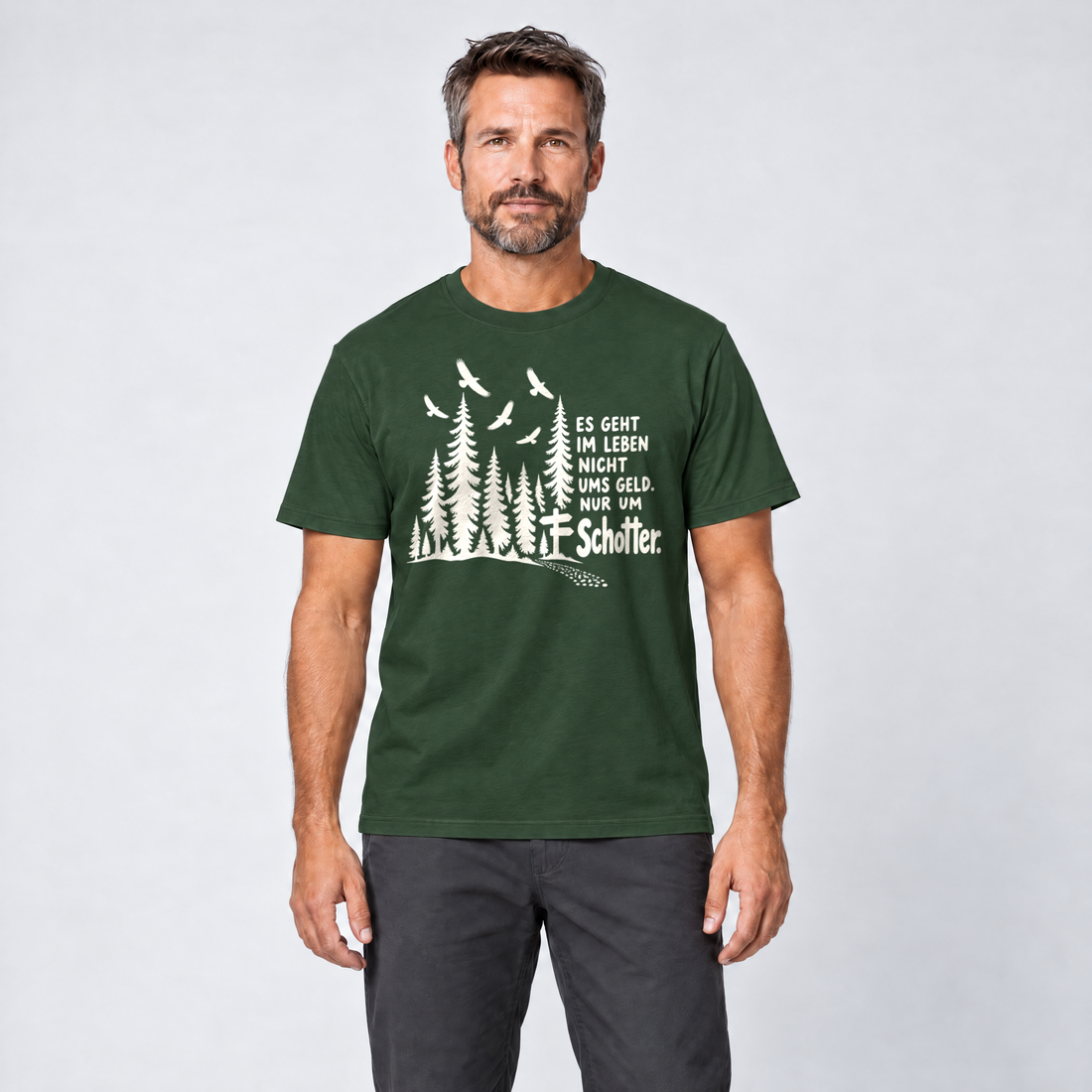 Mann trägt Nur um Schotter – T-Shirt Unisex in Flaschengrün, Ansicht von vorn