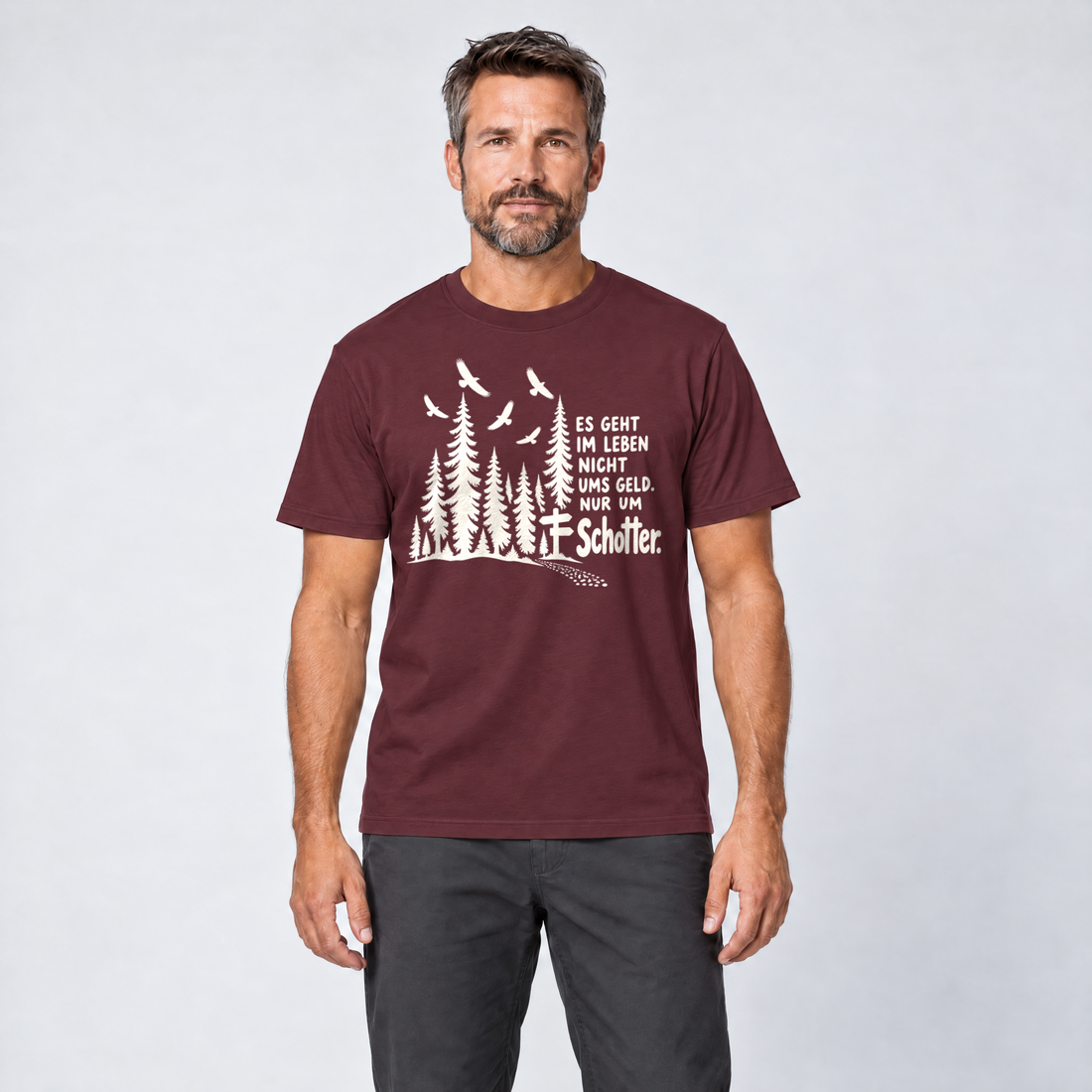 Mann trägt Nur um Schotter – T-Shirt Unisex in Bordeaux, Ansicht von vorn