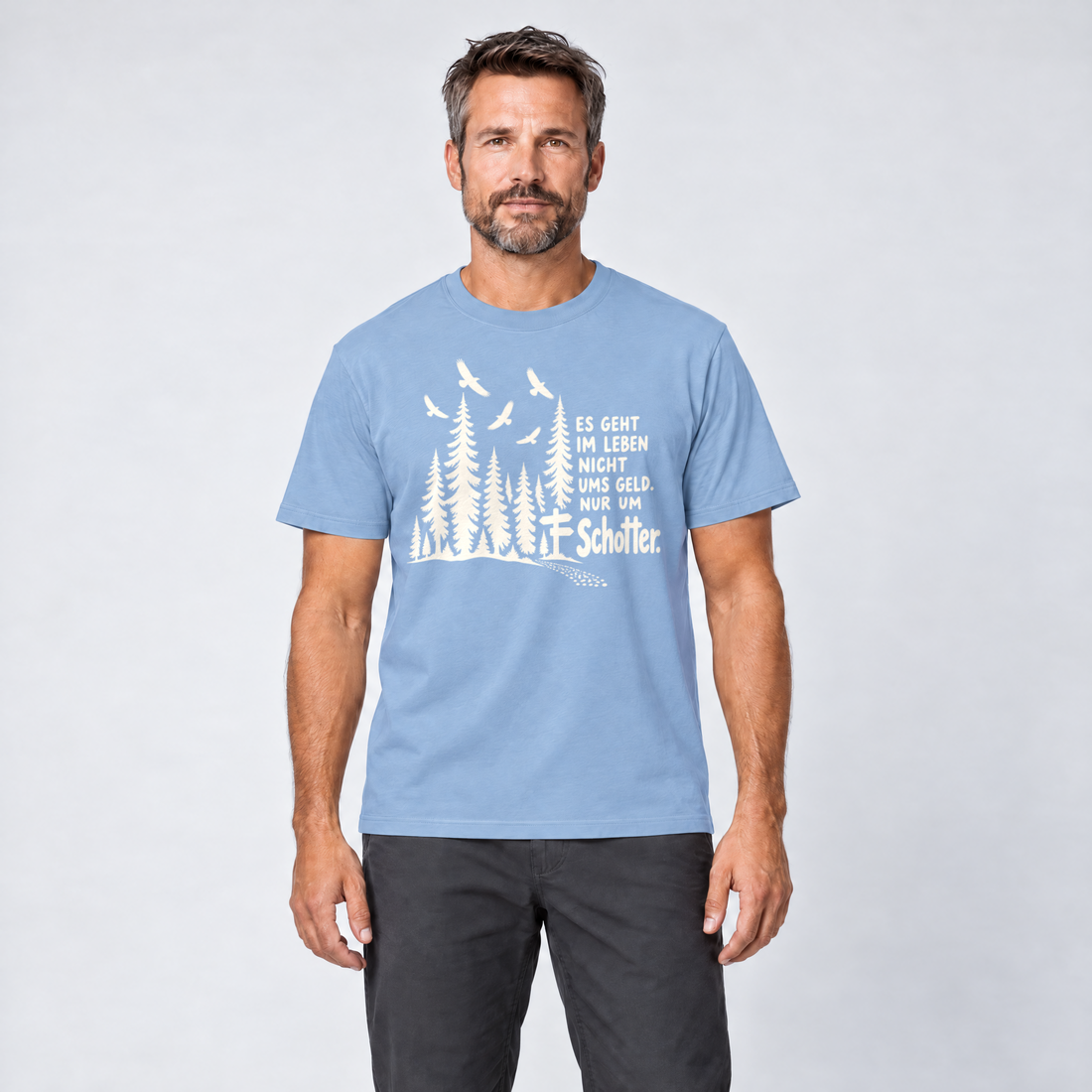 Mann trägt Nur um Schotter – T-Shirt Unisex in Himmelblau, Ansicht von vorn