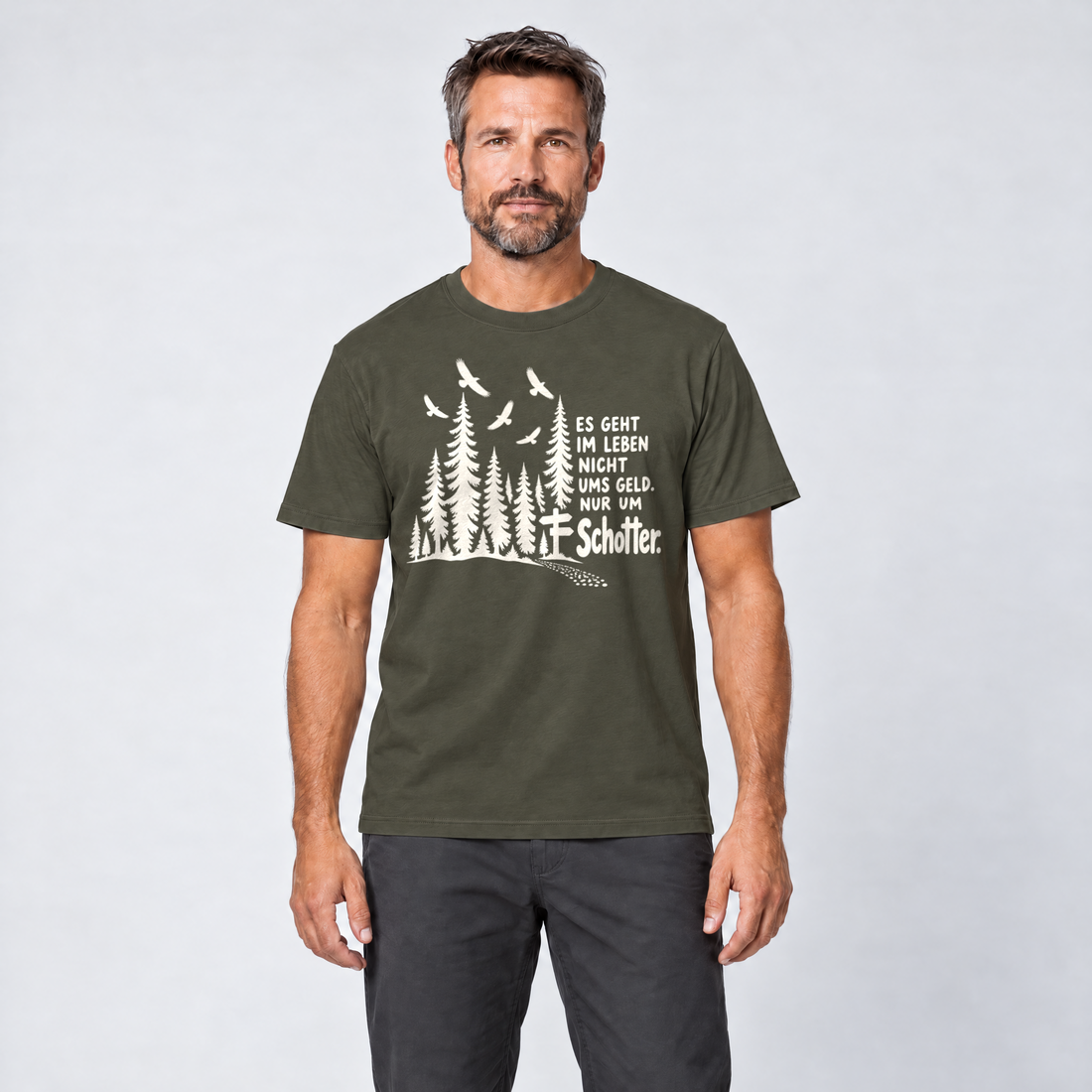 Mann trägt Nur um Schotter – T-Shirt Unisex in Oliv, Ansicht von vorn