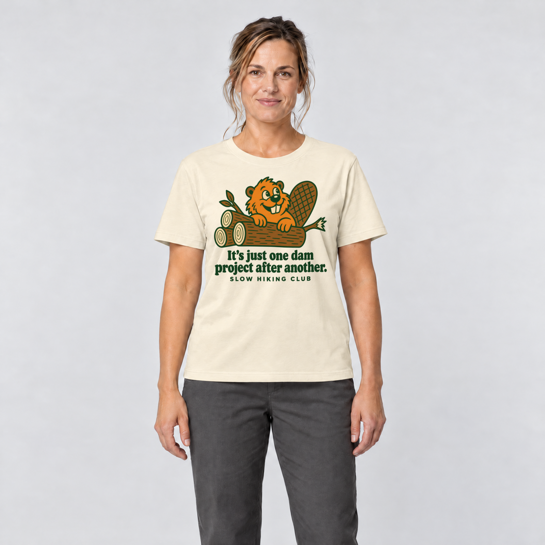 Frau trägt One dam project after another – T-Shirt Unisex in Natur, Ansicht von vorn