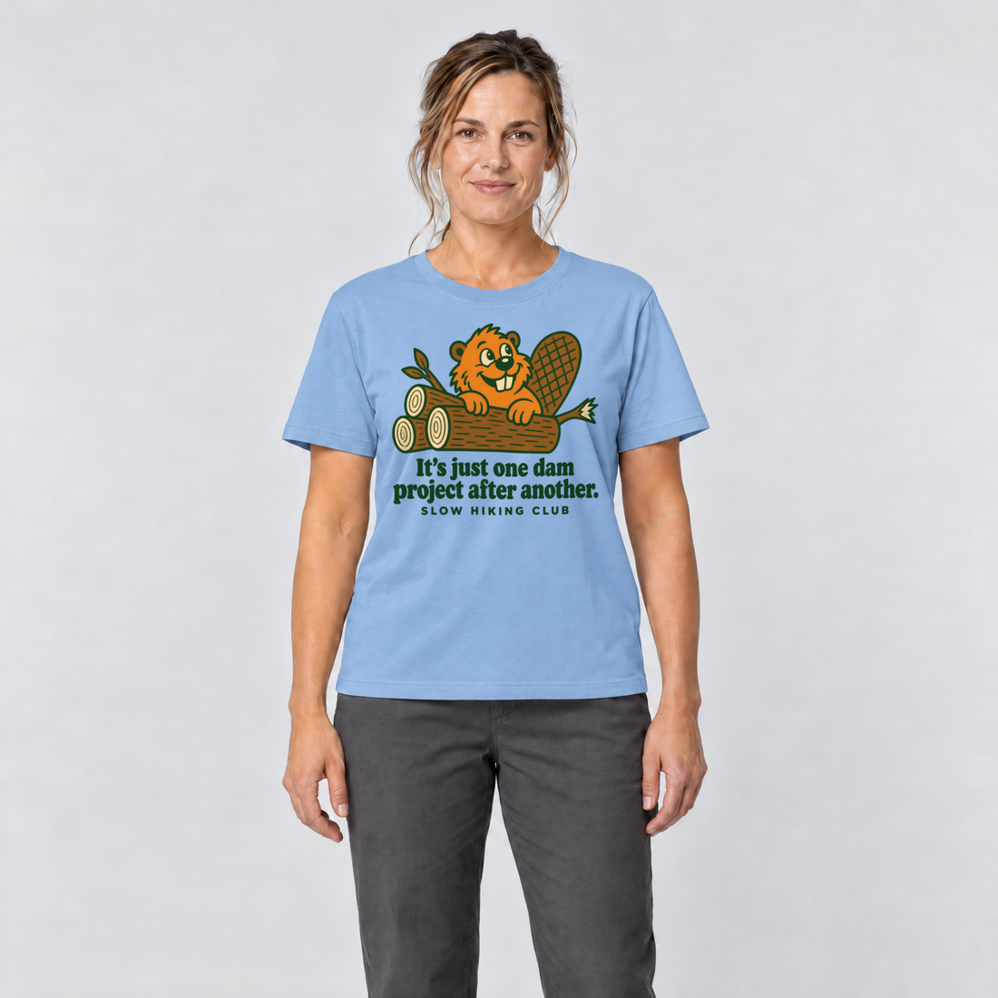 Frau trägt One dam project after another – T-Shirt Unisex in Himmelblau, Ansicht von vorn