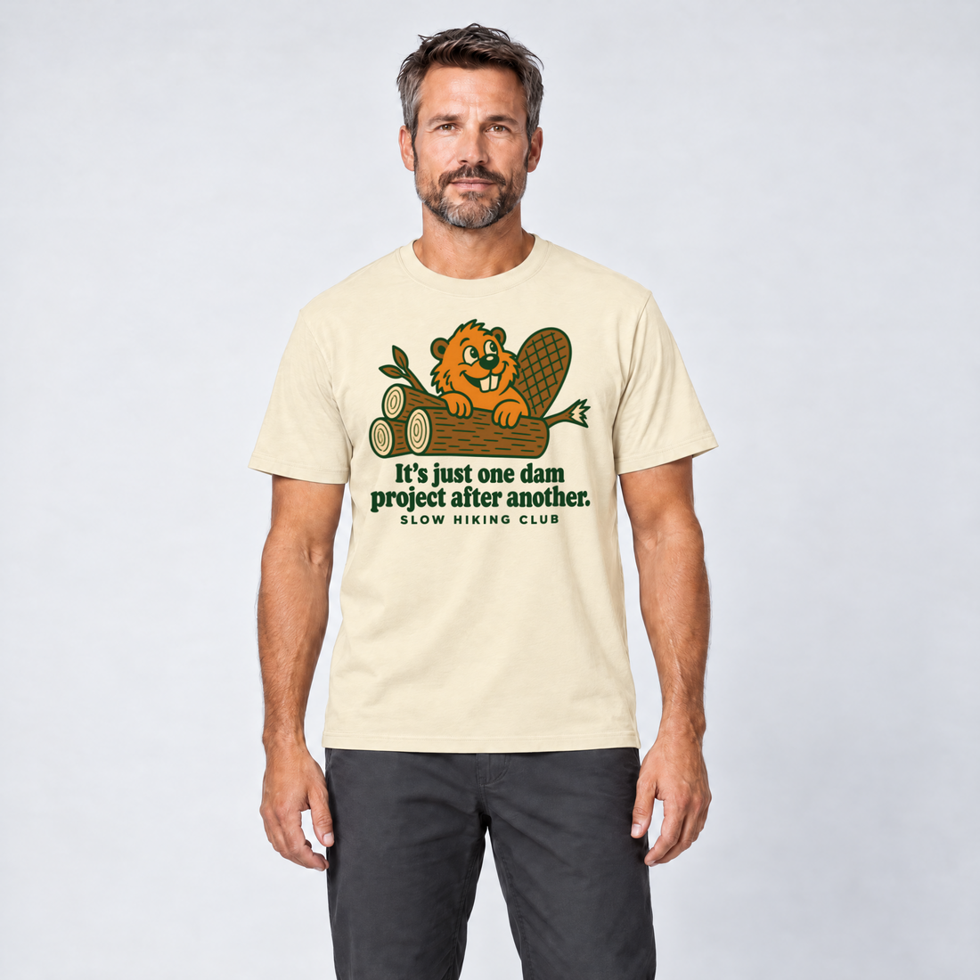 Mann trägt One dam project after another – T-Shirt Unisex in Natur, Ansicht von vorn