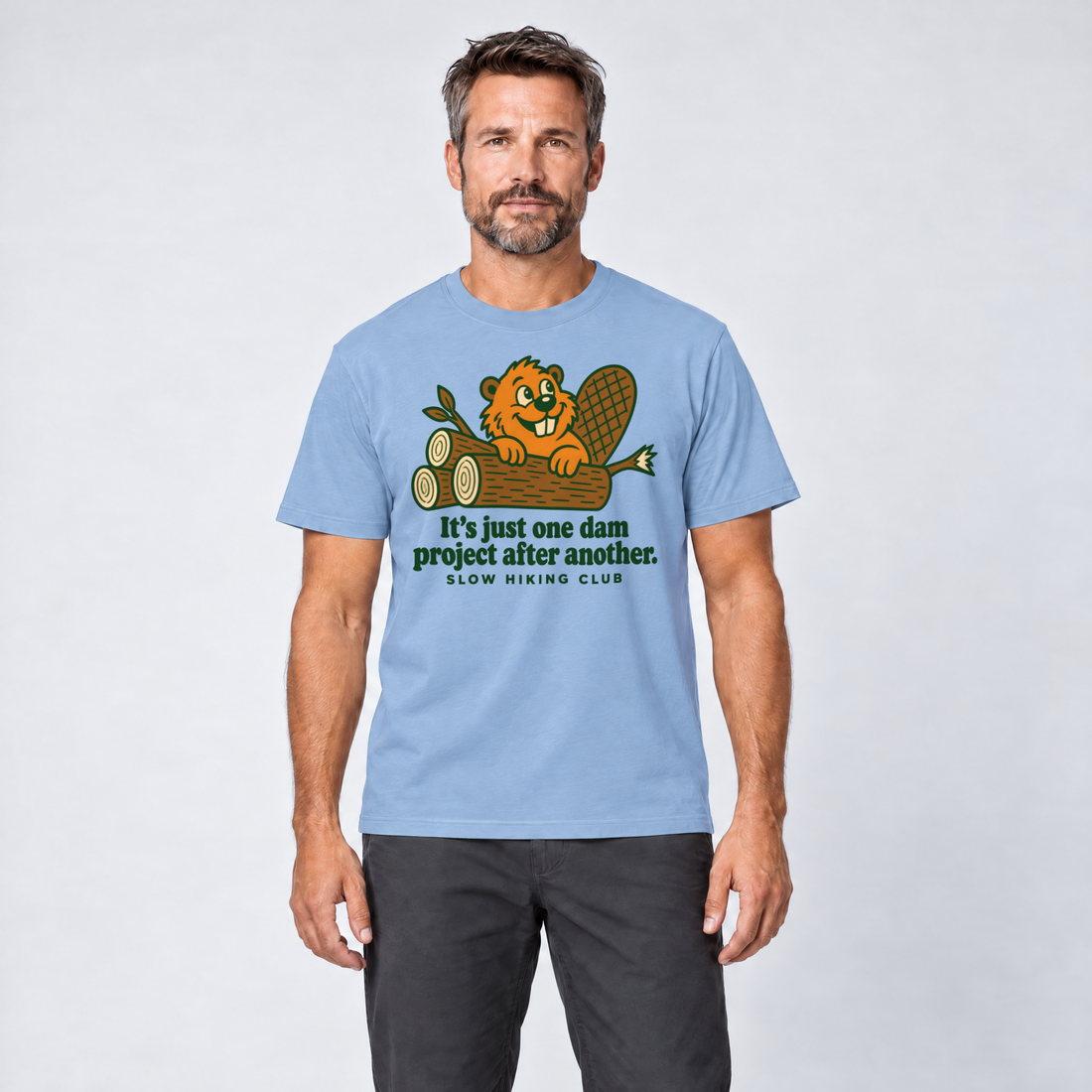 Mann trägt One dam project after another – T-Shirt Unisex in Himmelblau, Ansicht von vorn