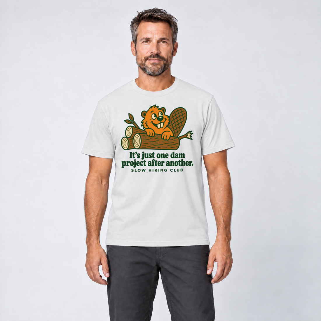 Mann trägt One dam project after another – T-Shirt Unisex in Weiß, Ansicht von vorn