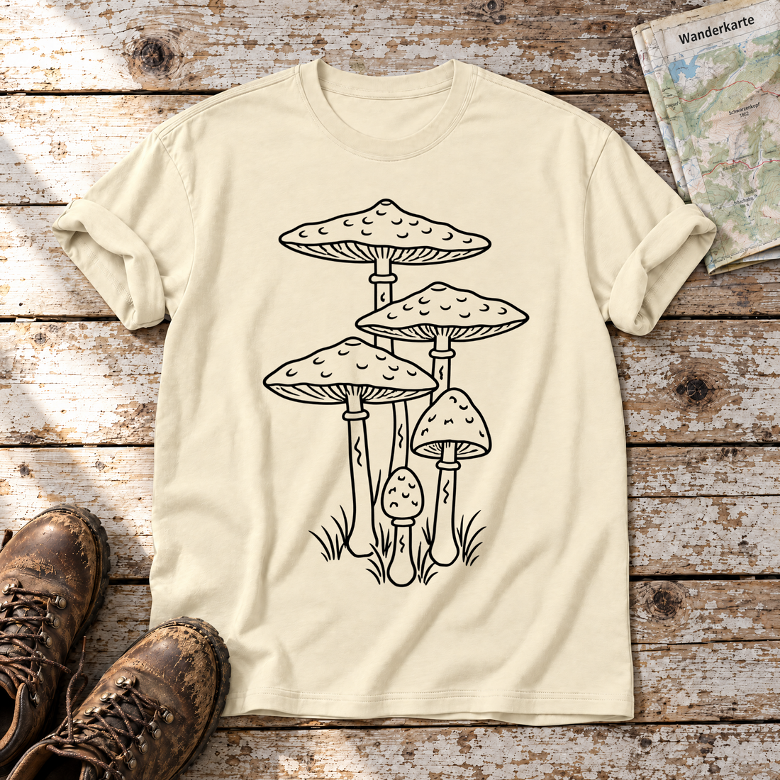 Parasolpilze – T-Shirt Unisex in Natur, flach liegend auf alten Holzbrettern mit Wanderschuhen und Wanderkarte.