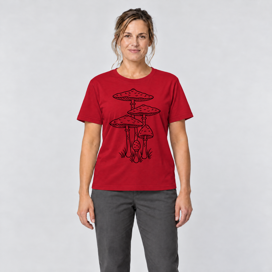 Frau trägt Parasolpilze – T-Shirt Unisex in Rot, Ansicht von vorn