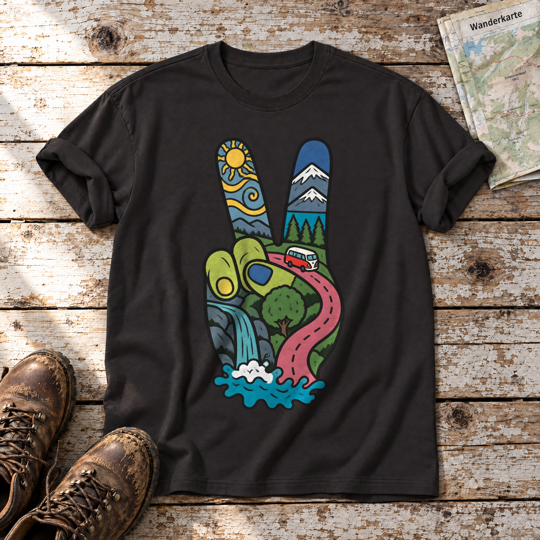 Peace-Hand mit Landschaft – T-Shirt Unisex in Schwarz, flach liegend auf alten Holzbrettern mit Wanderschuhen und Wanderkarte.
