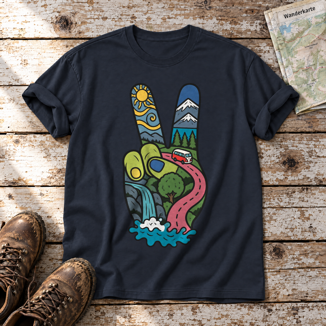Peace-Hand mit Landschaft – T-Shirt Unisex in Navy, flach liegend auf alten Holzbrettern mit Wanderschuhen und Wanderkarte.