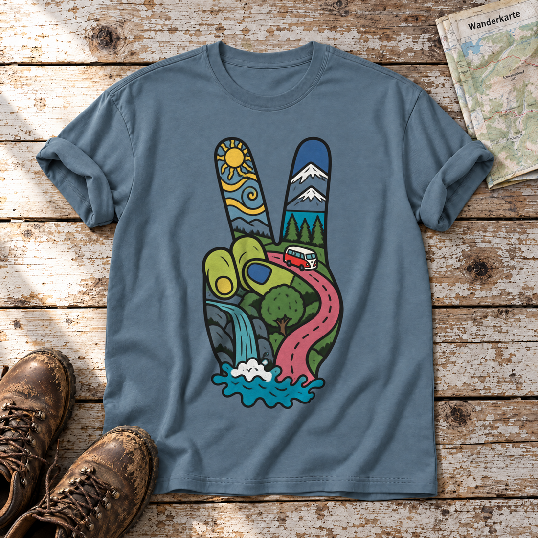 Peace-Hand mit Landschaft – T-Shirt Unisex in Steinblau, flach liegend auf alten Holzbrettern mit Wanderschuhen und Wanderkarte.