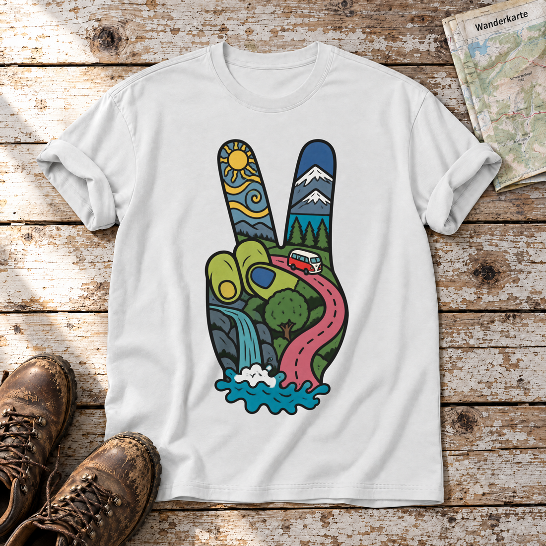 Peace-Hand mit Landschaft – T-Shirt Unisex in Weiß, flach liegend auf alten Holzbrettern mit Wanderschuhen und Wanderkarte.
