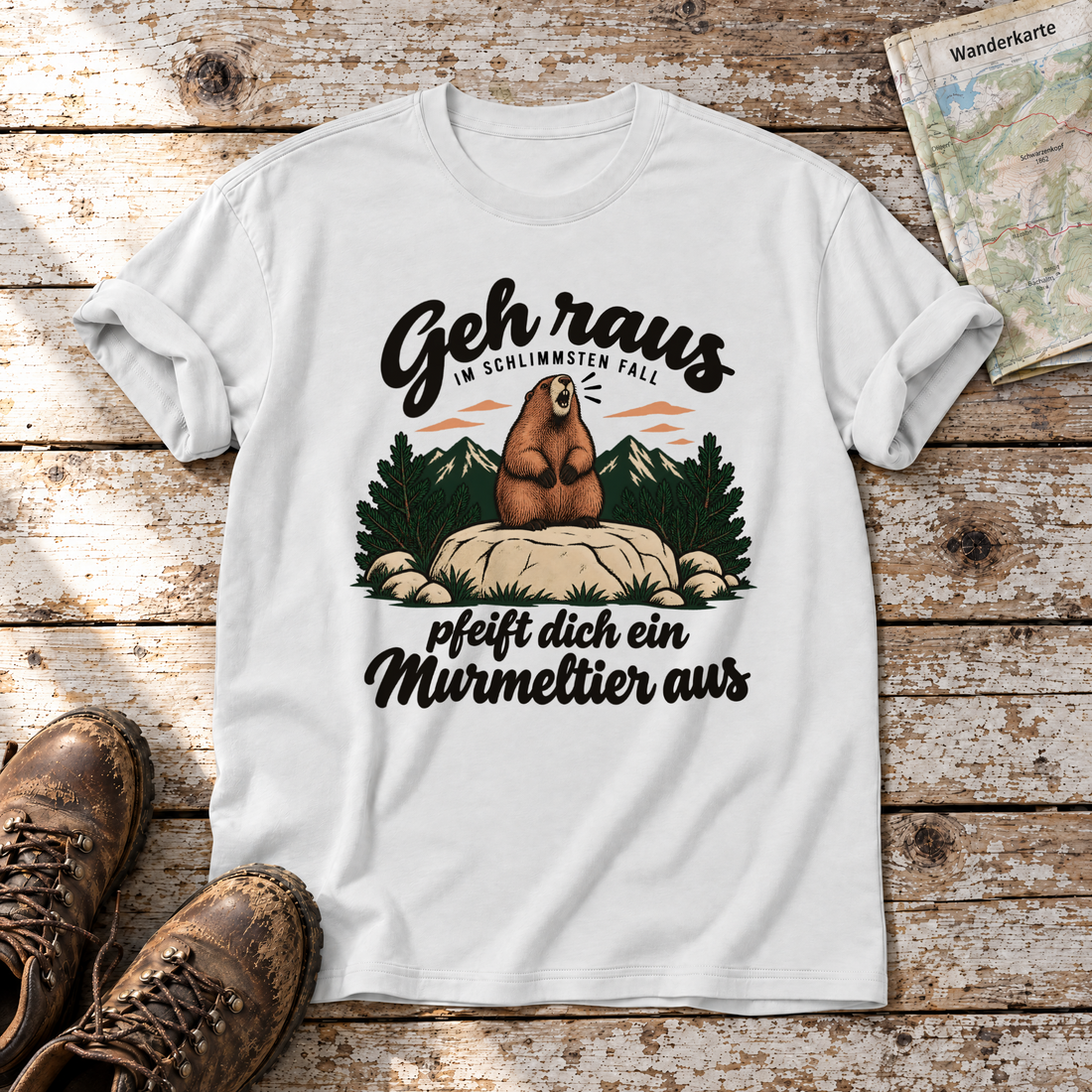 Pfeift dich ein Murmeltier aus – T-Shirt Unisex in Weiß, flach liegend auf alten Holzbrettern mit Wanderschuhen und Wanderkarte.