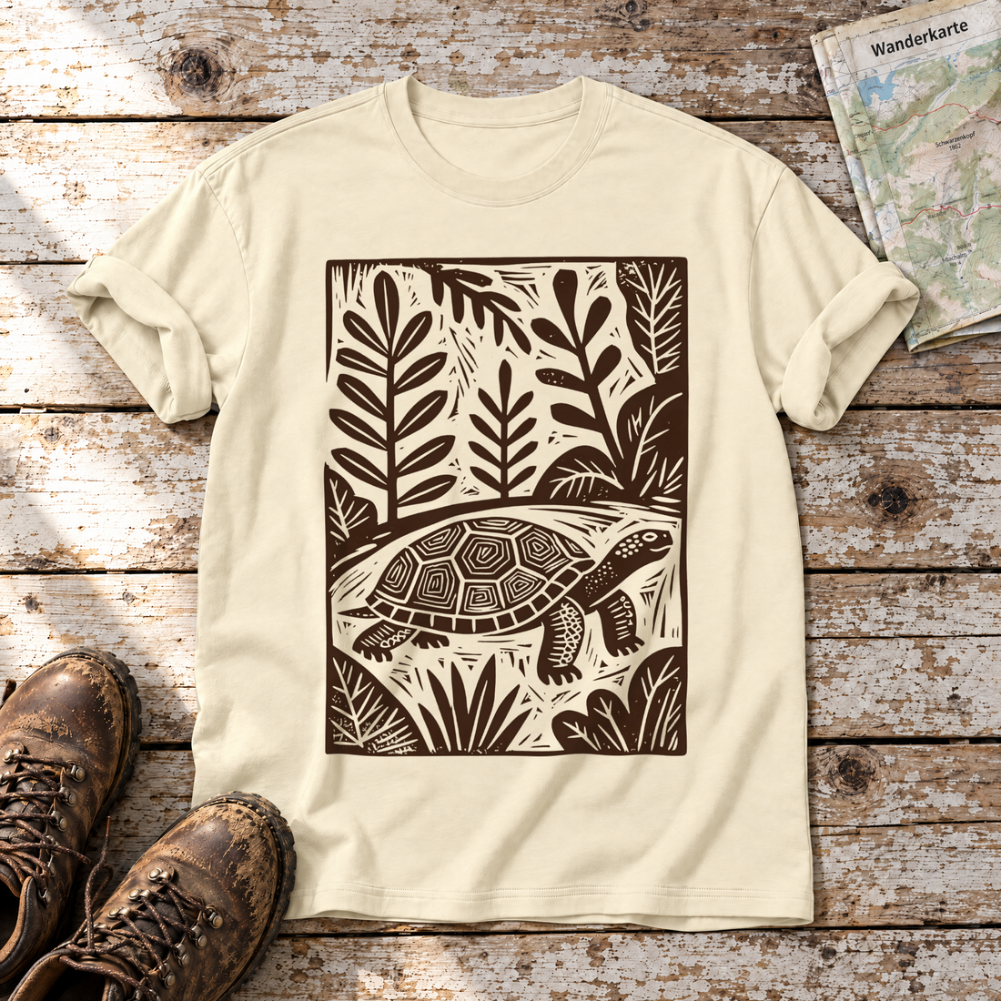 Schildkröte im Linolschnitt – T-Shirt Unisex in Natur, flach liegend auf alten Holzbrettern mit Wanderschuhen und Wanderkarte.