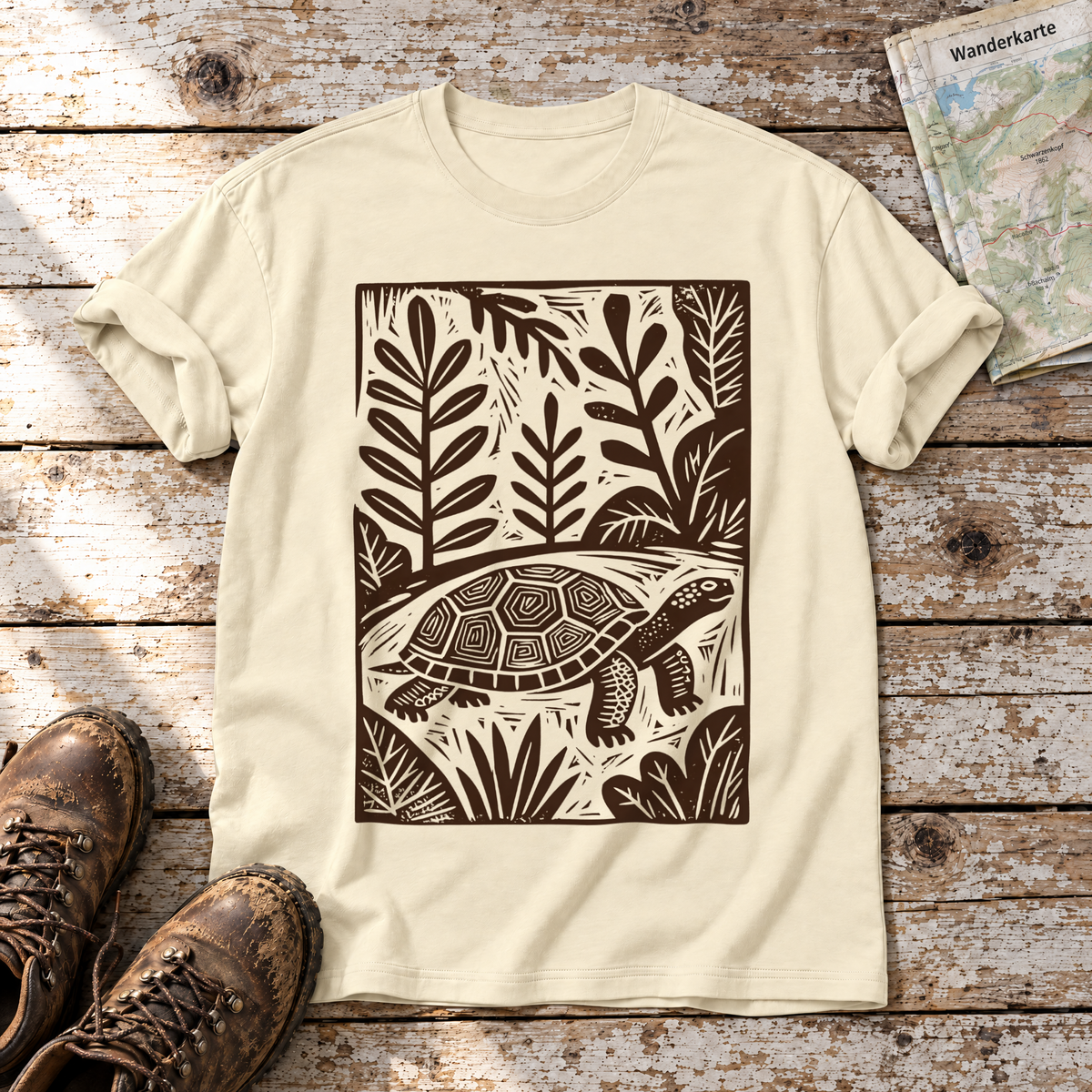 Schildkröte im Linolschnitt – T-Shirt Unisex in Natur, flach liegend auf alten Holzbrettern mit Wanderschuhen und Wanderkarte.