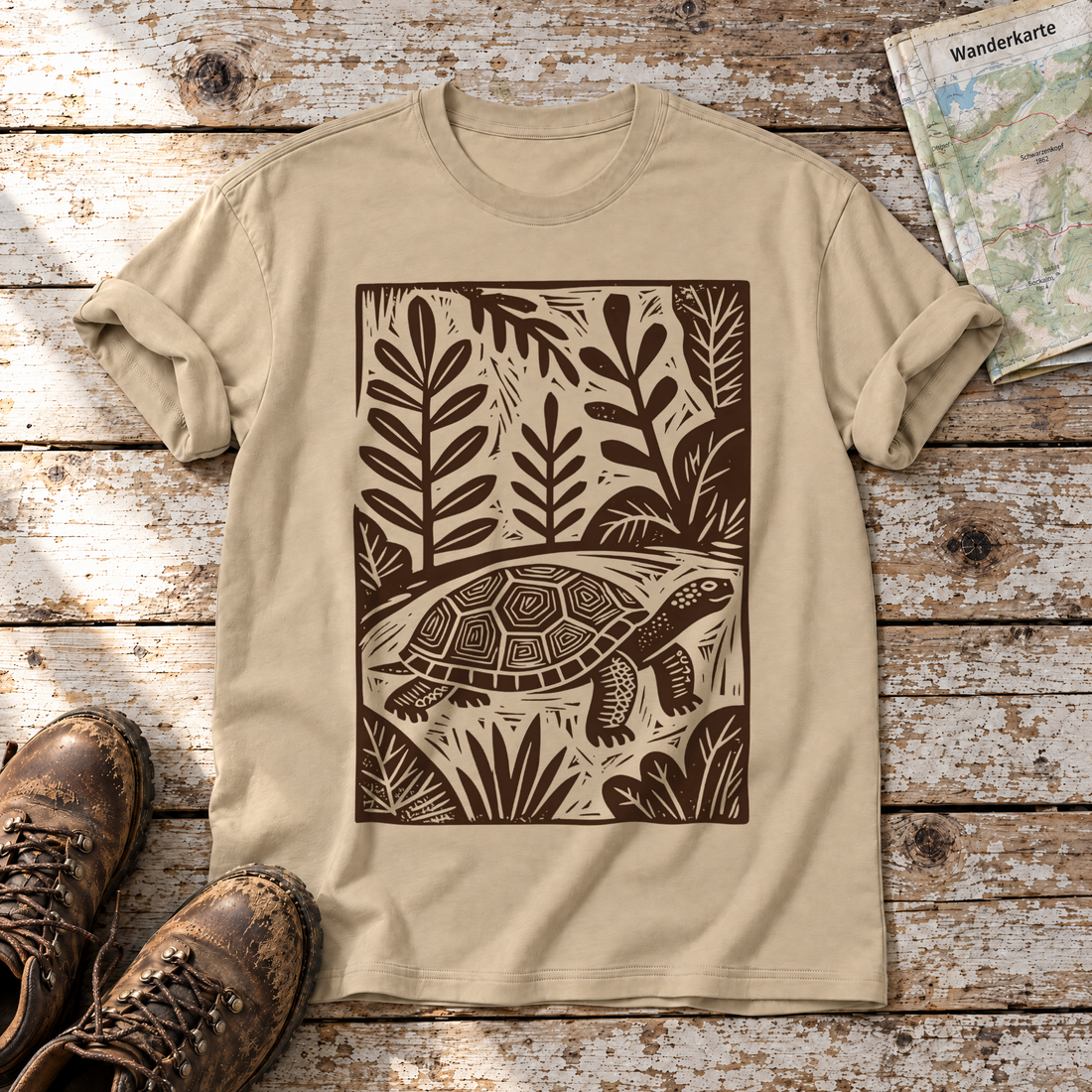 Schildkröte im Linolschnitt – T-Shirt Unisex in Sand, flach liegend auf alten Holzbrettern mit Wanderschuhen und Wanderkarte.