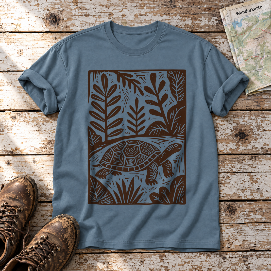 Schildkröte im Linolschnitt – T-Shirt Unisex in Steinblau, flach liegend auf alten Holzbrettern mit Wanderschuhen und Wanderkarte.