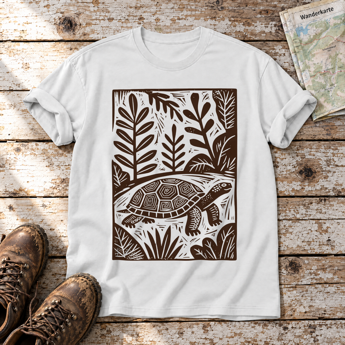 Schildkröte im Linolschnitt – T-Shirt Unisex in Weiß, flach liegend auf alten Holzbrettern mit Wanderschuhen und Wanderkarte.