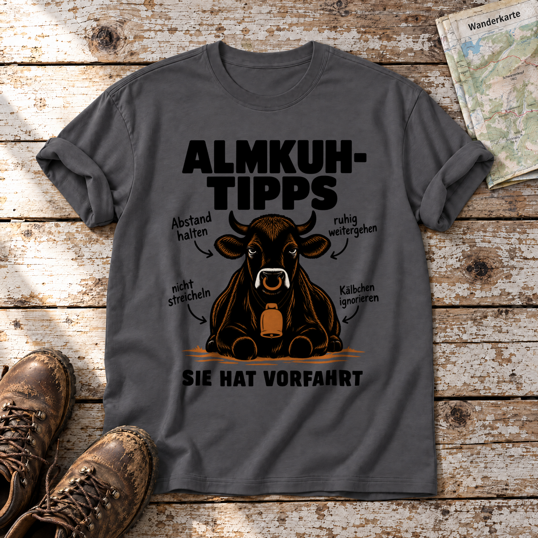 Sie hat Vorfahrt – T-Shirt Unisex in Dunkelgrau, flach liegend auf alten Holzbrettern mit Wanderschuhen und Wanderkarte.
