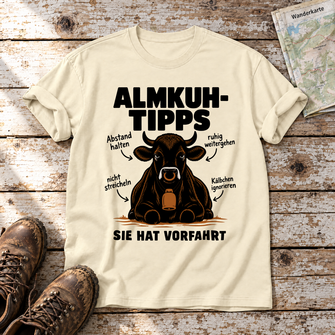 Sie hat Vorfahrt – T-Shirt Unisex in Natur, flach liegend auf alten Holzbrettern mit Wanderschuhen und Wanderkarte.