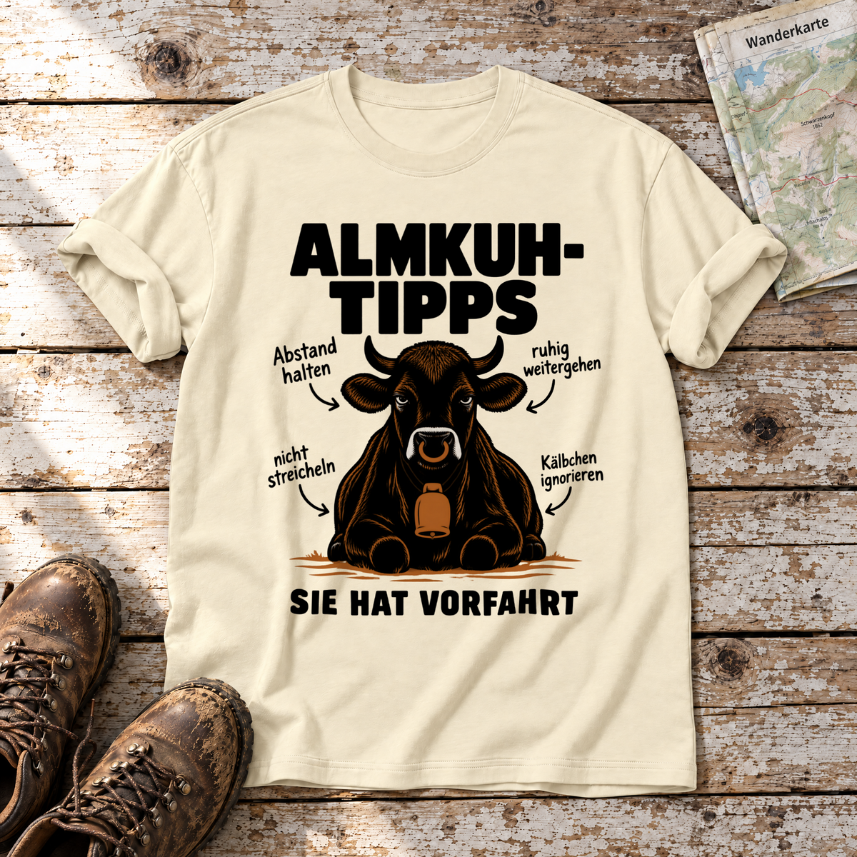 Sie hat Vorfahrt – T-Shirt Unisex in Natur, flach liegend auf alten Holzbrettern mit Wanderschuhen und Wanderkarte.
