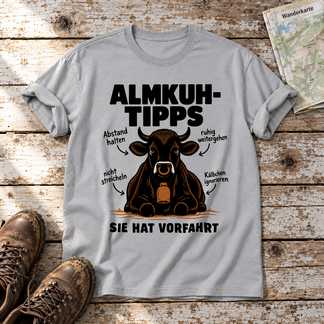Sie hat Vorfahrt – T-Shirt Unisex in Hellgrau, flach liegend auf alten Holzbrettern mit Wanderschuhen und Wanderkarte.