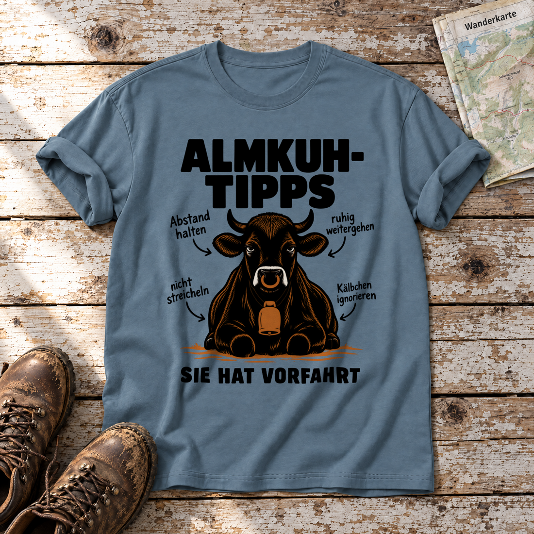 Sie hat Vorfahrt – T-Shirt Unisex in Steinblau, flach liegend auf alten Holzbrettern mit Wanderschuhen und Wanderkarte.