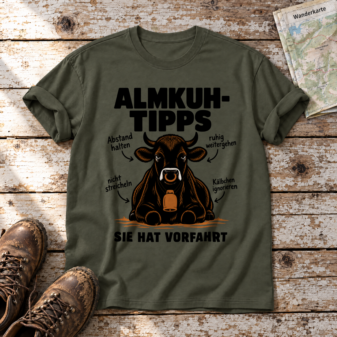 Sie hat Vorfahrt – T-Shirt Unisex in Oliv, flach liegend auf alten Holzbrettern mit Wanderschuhen und Wanderkarte.