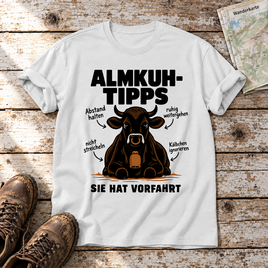 Sie hat Vorfahrt – T-Shirt Unisex in Weiß, flach liegend auf alten Holzbrettern mit Wanderschuhen und Wanderkarte.