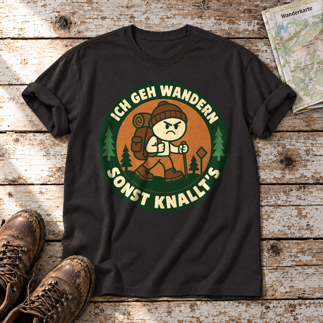 Sonst knallt’s – T-Shirt Unisex in Schwarz, flach liegend auf alten Holzbrettern mit Wanderschuhen und Wanderkarte.
